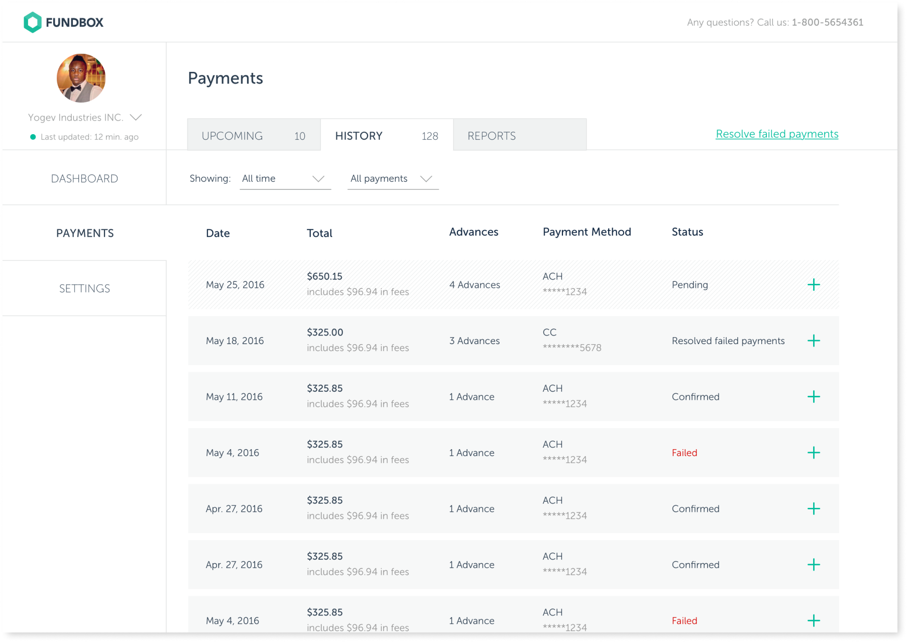 A screenshot of the history tab showing old payments