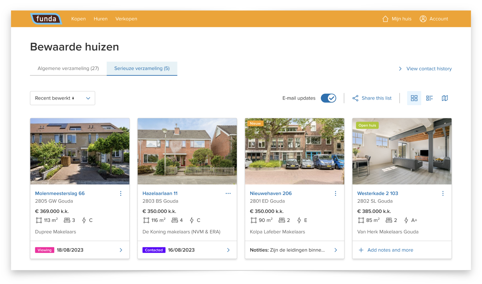 A screenshot of the new dashboard-style design for the Saved Houses feature on the housing platform: funda.