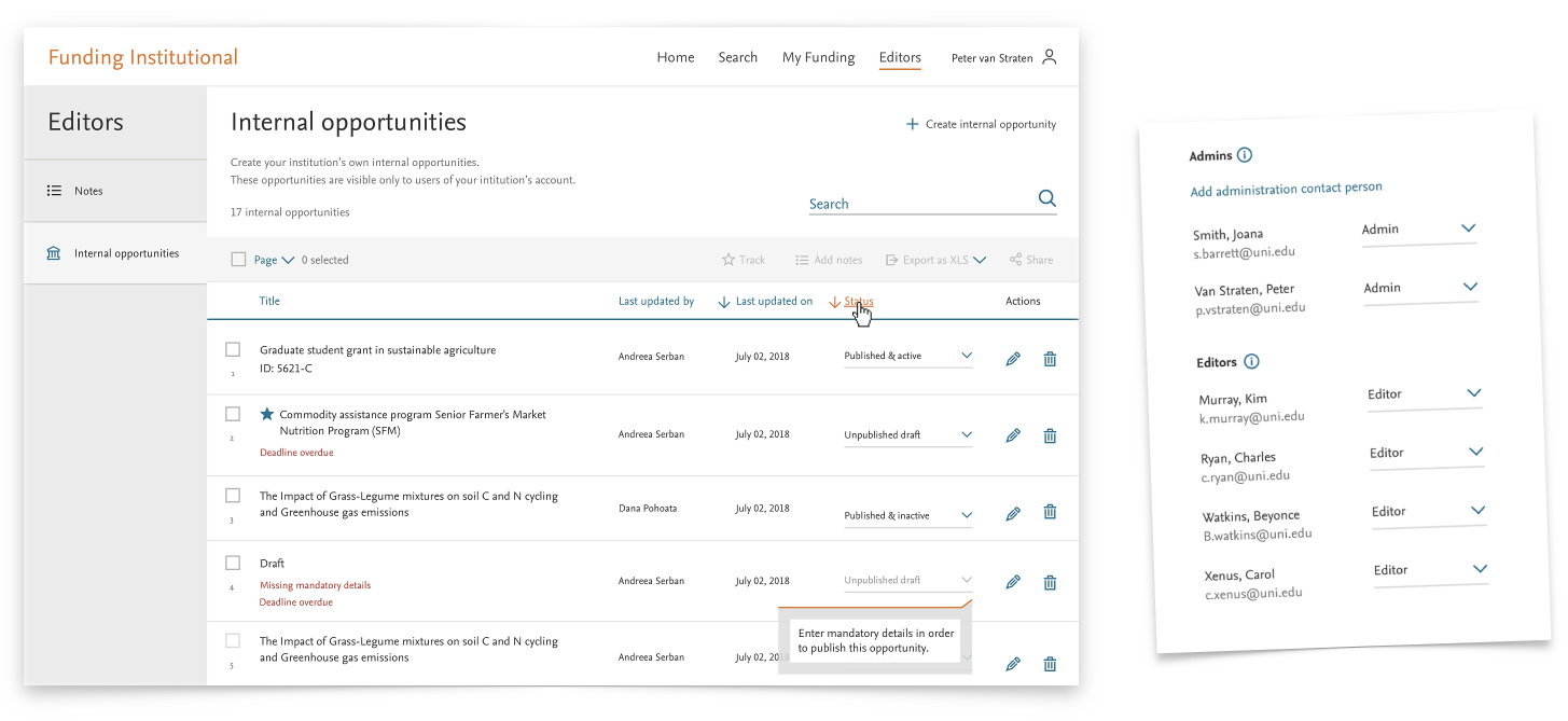 2 screenshots side by side showing a funding search tool and settings-type modal