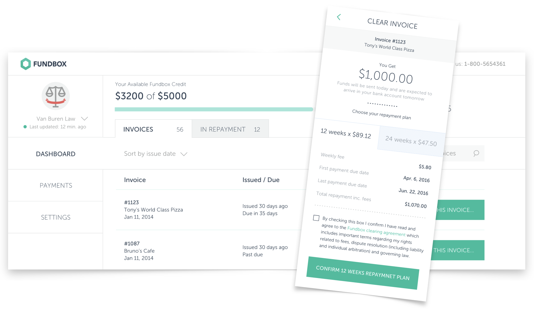 A mobile screenshot of an invoice payment over a screenshot of a desktop dashboard design.