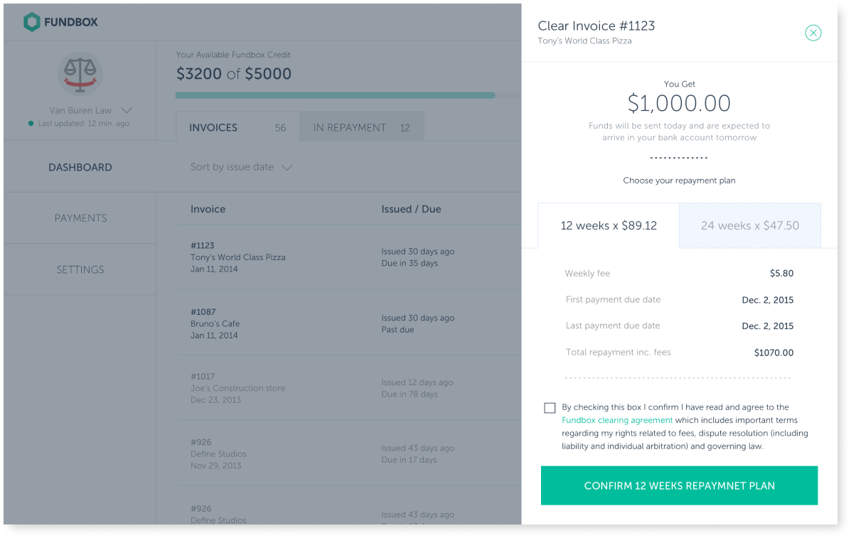 An open side panel over the dashboard to request funds to cover an invoice