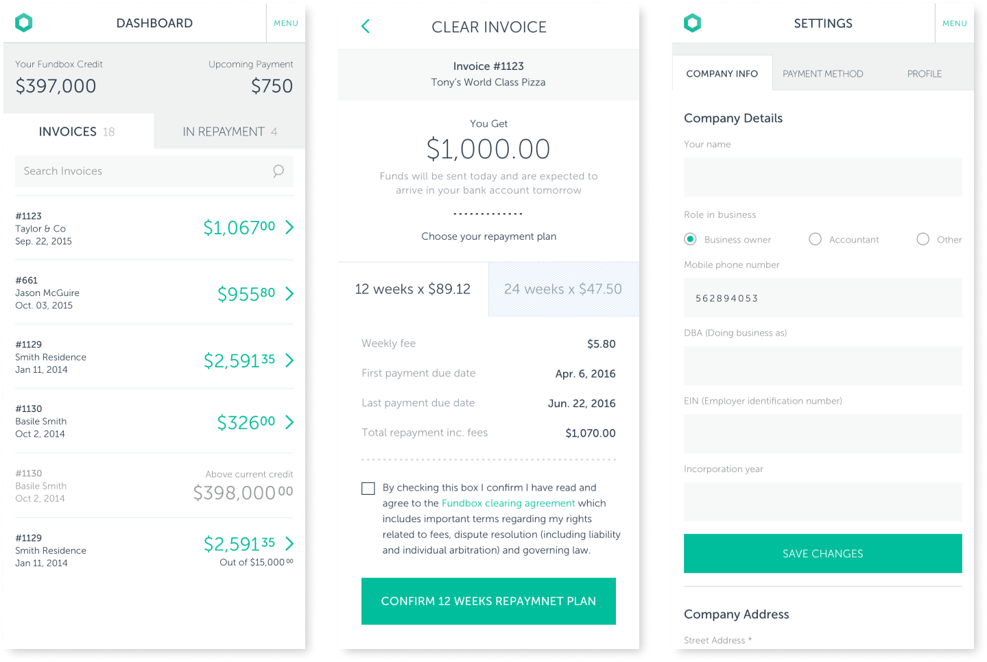 mobile designs for the 3 main screens: dashboard, clear invoice and settings.