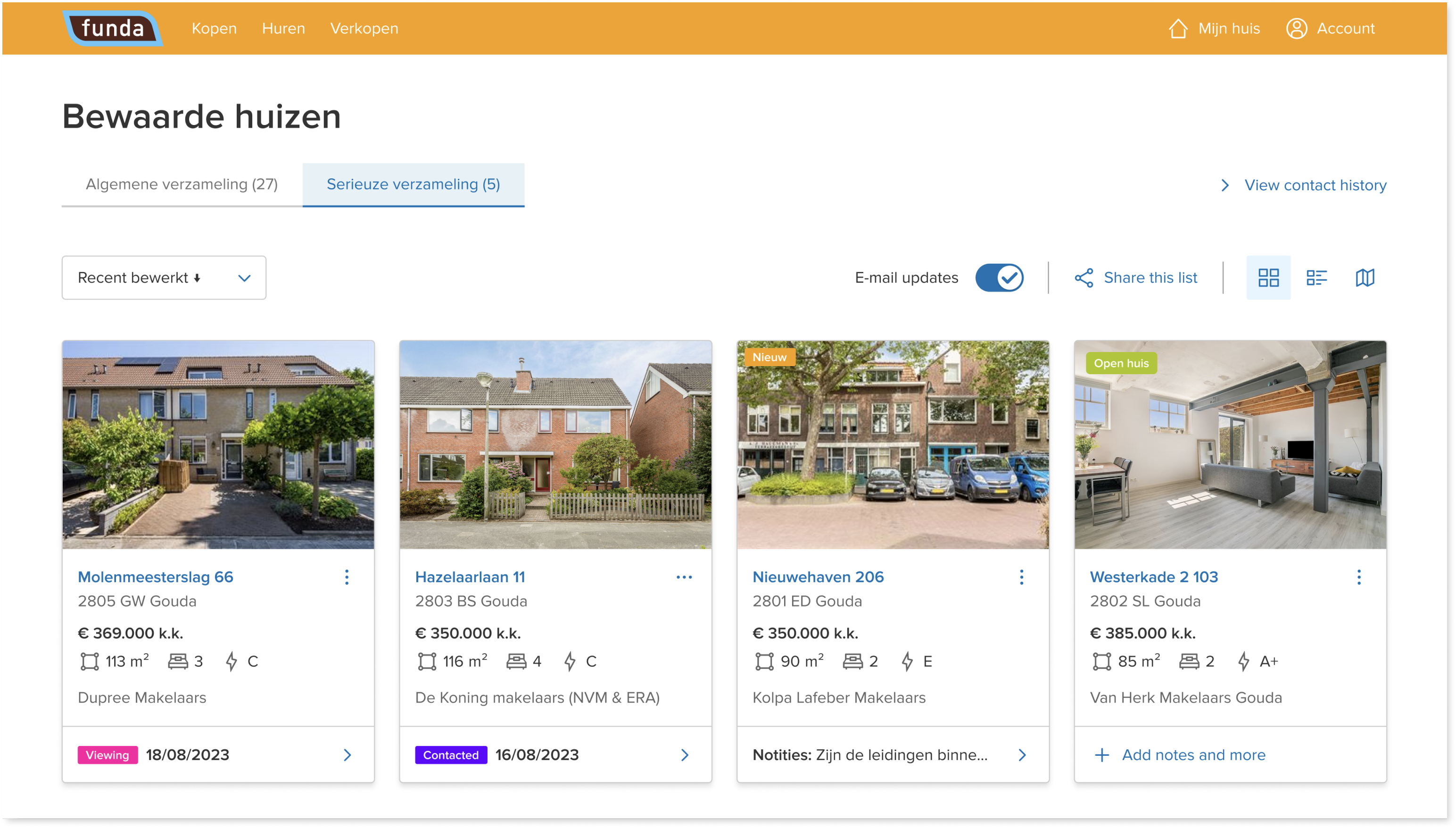 A bigger view of the improved design for the saved houses dashboard